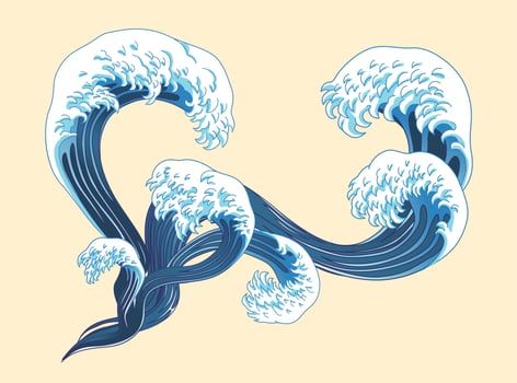 Ukiyo-e style splashing wave elements on light yellow background vector