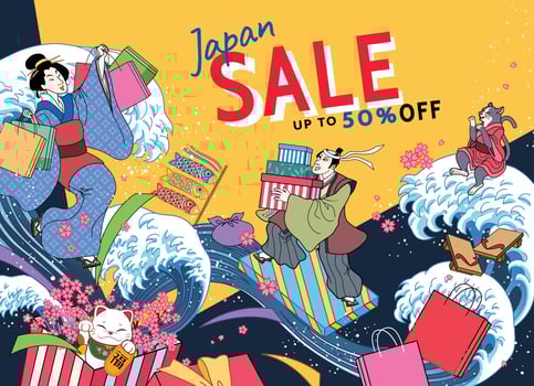 Ukiyo-e style annual sale design, people holding shopping bags and gift boxes upon ocean waves, fortune written in Chinese word vector