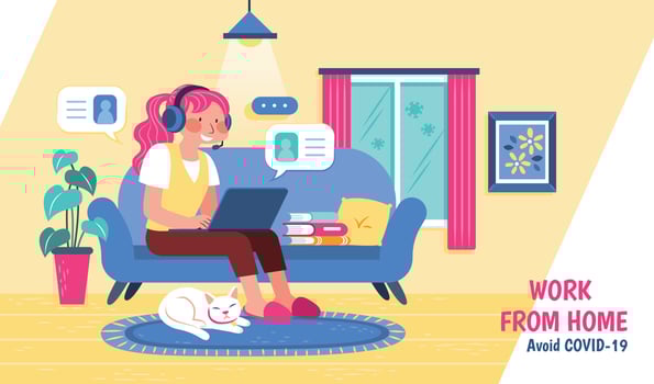 Girl working from home with her laptop during COVID-19 outbreak vector