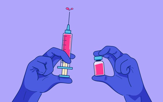 Hands in purple rubber gloves holding syringe injection and vaccine vector