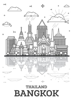 Outline Bangkok Thailand City Skyline with Historic Buildings and Reflections Isolated on White. Bangkok Cityscape with Landmarks. vector