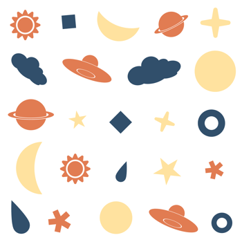 A Sticker of a sky at night with ufo, star, cloud, sun, moon, Saturn, raindrop, half moon, and ice in white, orange, and yellow with white edges, PNG transparent background, illustration