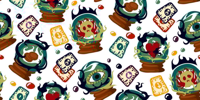 A pattern with magic balls and fortune-telling cards. A crystal ball on a stand, an attribute of a magician guessing on the balls of a skull, love, eye, wealth. For printing gift packaging. Halloween vector