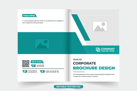 Creative business booklet cover design with geometric shapes. Corporate business promotional brochure cover vector with aqua and dark colors. Modern company annual report and overview magazine cover.