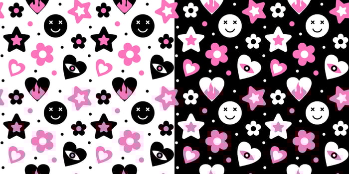 Set of seamless Emo Pattern. Vector illustration. Gothic romantic background with pink and black hearts, stars, eyes and flowers. Old style of the 90s and 00s.