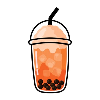 Iced Bubble Tea Drink with Ice Cube and Tapioca Pearl in Cute Cartoon Vector Illustration