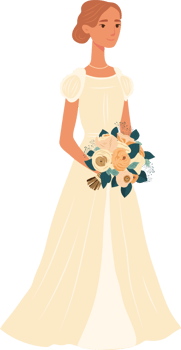 The bride with a wedding bouquet of flowers.  illustration in flat cartoon style. png