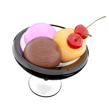 3d rendering three scoops of ice cream in a glass icon. 3d render banana, chocolate and strawberry flavored ice cream with cherry icon. png