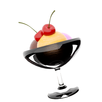 3d rendering three scoops of ice cream in a glass icon. 3d render banana, chocolate and strawberry flavored ice cream with cherry icon. png