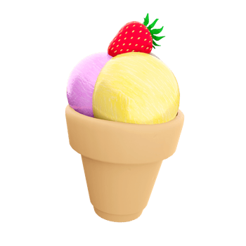 3d rendering three ice cream balls of ice cream with banana, chocolate, raspberry flavor and strawberries on top icon. 3d render sundae ice cream icon. png