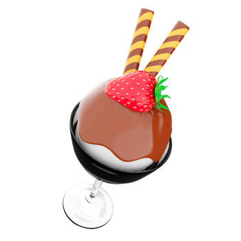 3d rendering ice cream scoop with chocolate topping and strawberries with sticks icon. 3d render ice cream in a glass with vanilla flavor icon. png