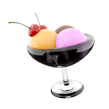 3d rendering three scoops of ice cream in a glass icon. 3d render banana, chocolate and strawberry flavored ice cream with cherry icon. png