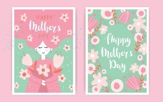 Set of Happy Mother's Day greeting card. Hand drawn woman holding a bouquet of flowers. Trandy Vector illustrations for a cute cover, poster, banner or card for the holiday moms