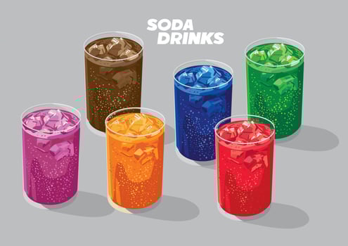 soda drinks with six type of color and taste. Cola, soda blue, lime green, purple, strawberry red and orange vector
