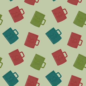 Seamless pattern with multicolored camping mugs. Vector illustration in a flat style.
