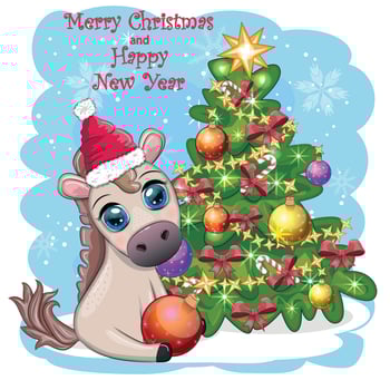 Cute horse, pony in Santa's hat with candy kane, Christmas ball, gift, ice skating. Winter is coming vector