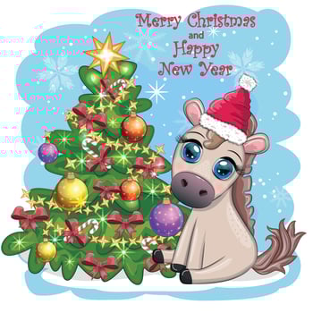 Cute horse, pony in Santa's hat with candy kane, Christmas ball, gift, ice skating. Winter is coming vector