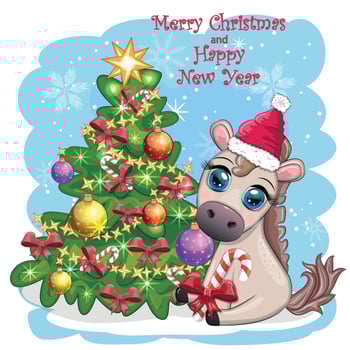 Cute horse, pony in Santa's hat with candy kane, Christmas ball, gift, ice skating. Winter is coming vector
