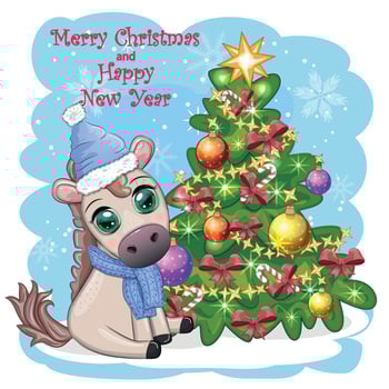 Cute horse, pony in Santa's hat with candy kane, Christmas ball, gift, ice skating. Winter is coming vector