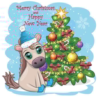 Cute horse, pony in Santa's hat with candy kane, Christmas ball, gift, ice skating. Winter is coming vector