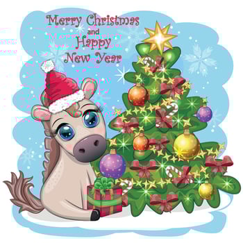 Cute horse, pony in Santa's hat with candy kane, Christmas ball, gift, ice skating. Winter is coming vector