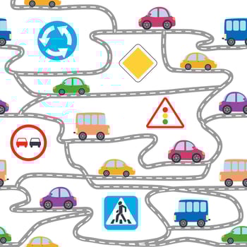 Cars, buses, trains, houses and roads, city seamless childish pattern vector