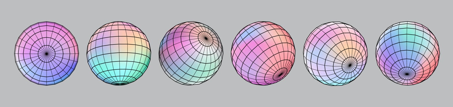 Gradient Spherical Grid set, holographic vibrant round icon. Multicolor buttons can be used in banner, social media, web, as design element. vector