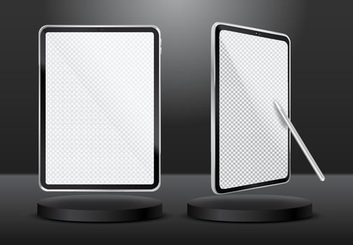 3D Silver Tablet Mockup with Stylus Pen vector
