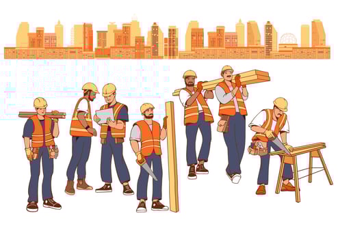 Construction workers set and city buildings. Carpenter repairman, builder. Vector. vector