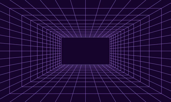 Grid room in perspective in 3d style. Indoor wireframe from  violet laser beam,  digital empty box. Abstract geometric design vector