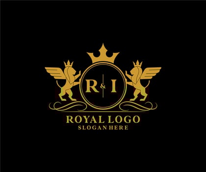 Initial RI Letter Lion Royal Luxury Heraldic,Crest Logo template in vector art for Restaurant, Royalty, Boutique, Cafe, Hotel, Heraldic, Jewelry, Fashion and other vector illustration.