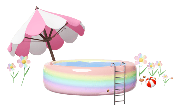 3d inflatable pool with umbrella, beach ball isolated. summer decorate concept, 3d render illustration png
