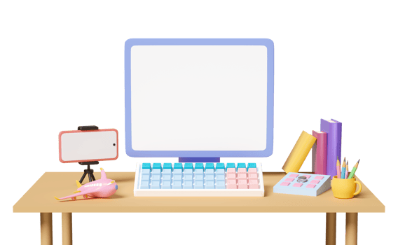 3d laptop computer on table with blank screen, keypad, mobile phone, smartphone in room. online video live streaming, communication applications, notification message, 3d render png