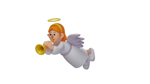 3D illustration. Little Angel 3D Cartoon Character. Beautiful angel is flying in the sky. The angel was blowing the yellow trumpet she was playing with. 3D cartoon character png
