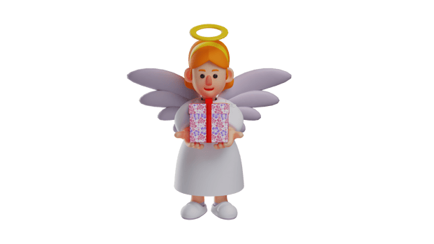 3D illustration. Good Angel 3D Cartoon Character. Romantic Angel carrying a gift box. Beautiful angel looks at the gift she got. Angel is feeling happy. 3D cartoon character png