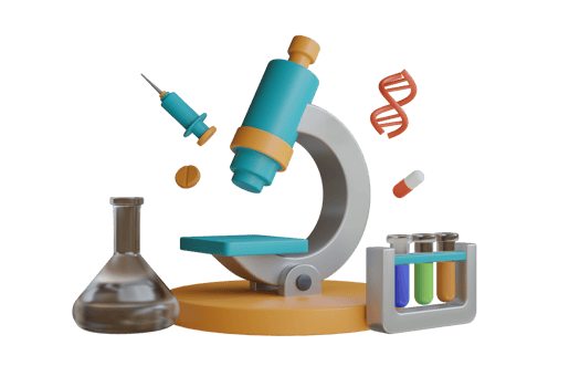 3D Illustration of DNA surrounds microscopy and laboratory equipment. microscope surrounded with assorted vials with liquids and pills in pharmaceutical lab png
