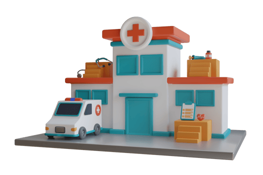 3D Illustration of Hospital and Emergency Center Building. Front view on a modern hospital building. Healthcare Service, ambulance car. png