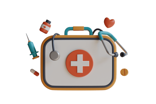 3D Illustration of first aid kit bag. first aid kit with drugs,syringe, pill box, stethoscope, and vaccine. 3D Illustration png