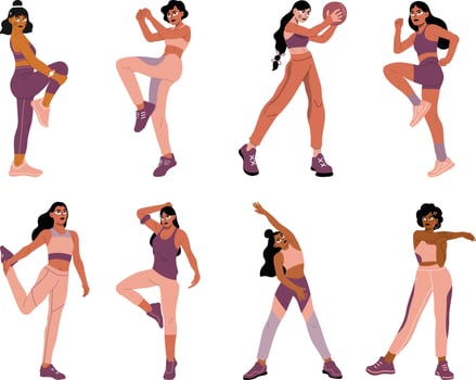 Set of different women in sportswear. Vector illustration in flat style