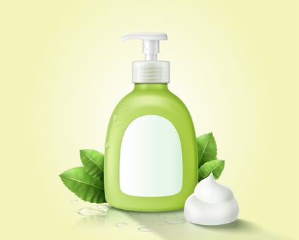Green hand wash dispenser bottle, decorated with creamy foam and herbal leaves, isolated on light green background, 3d illustration vector
