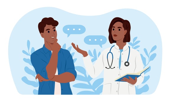 An African-American female family doctor is talking to an elderly African-American male patient. vector