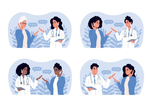 Doctors and patients of different races and ages. Male and female doctors talking to patients during consultation. vector