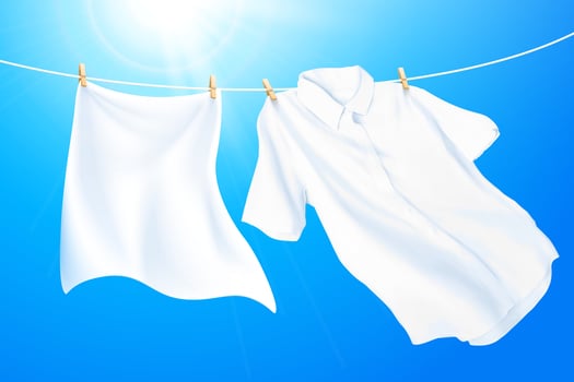 Clean and white clothes hanging on washing line against blue sky, 3d illustration vector