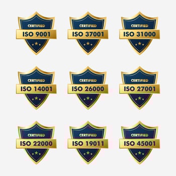 Set of ISO Certification stamp and labels quality management system, ISO 9001, ISO 22000, ISO 14001 vector