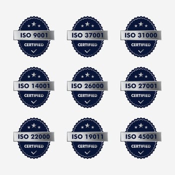 Set of ISO Certification stamp and labels quality management system, ISO 9001, ISO 22000, ISO 14001 vector