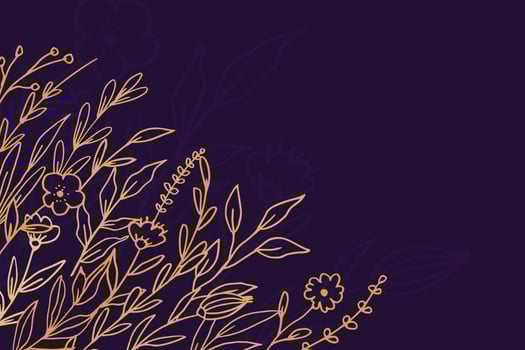 Elegant golden floral background with hand drawn flowers and leaves illustration decoration on dark purple vector