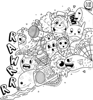 Rawrrr Doodle Art Coloring page for kids and adults vector