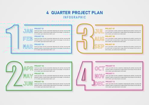 Modern infographic timeline 4 quarter business growth planning Multi-colored outline month numbers and letters Gray gradient background. Design for marketing, product, finance, investment. vector