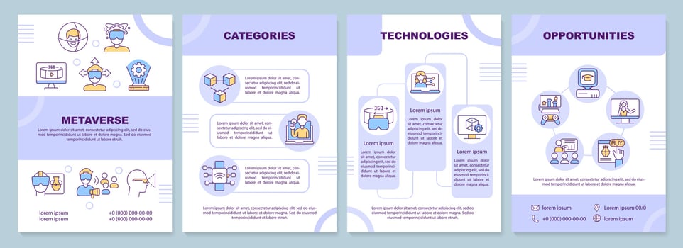 Metaverse purple brochure template. Virtual reality. Leaflet design with linear icons. Editable 4 vector layouts for presentation, annual reports