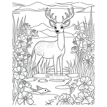 Cute Deer coloring page with floral design vector